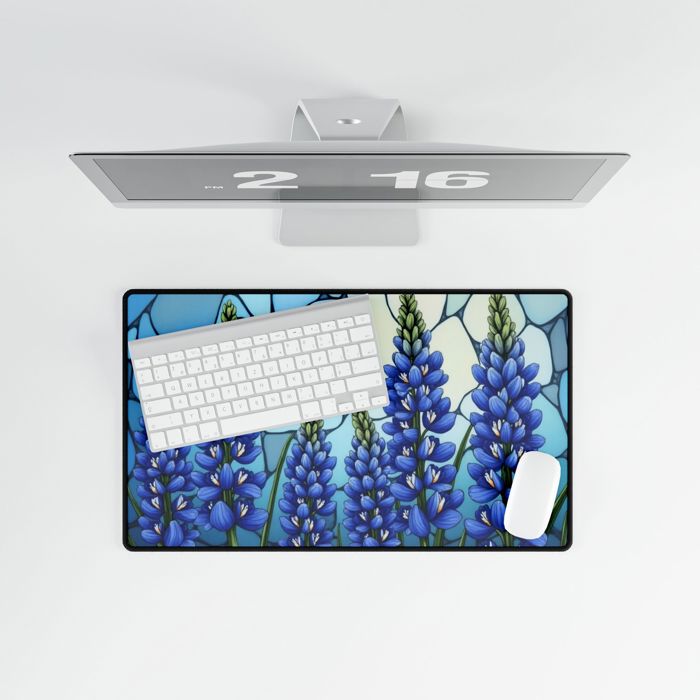Bluebonnets Stained Glass Style Desk Mat, Large Gaming Pad