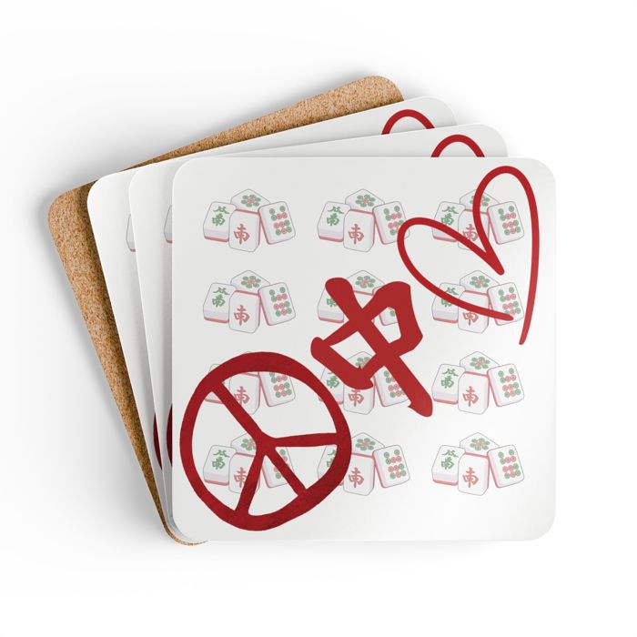 Peace Mahjong Love Hardboard Coasters with Cork Bottom (Set of 4), Tile Game Players Gift