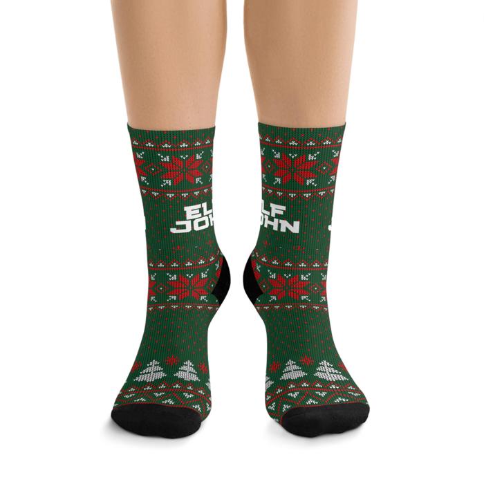 Custom Elf Name Ugly Christmas Sweater Socks,  Funny Stocking Stuffer or Secret Santa Gift