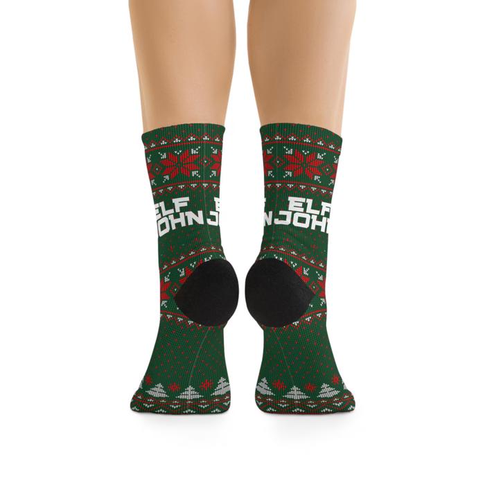 Custom Elf Name Ugly Christmas Sweater Socks,  Funny Stocking Stuffer or Secret Santa Gift