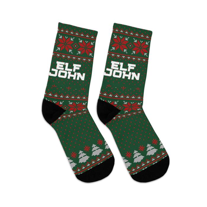 Custom Elf Name Ugly Christmas Sweater Socks,  Funny Stocking Stuffer or Secret Santa Gift