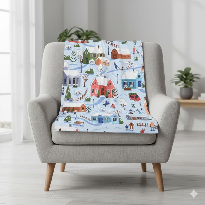 Snowy Village Mink Plush Blanket, Christmas or Hanukkah Gift, Super Soft Throw
