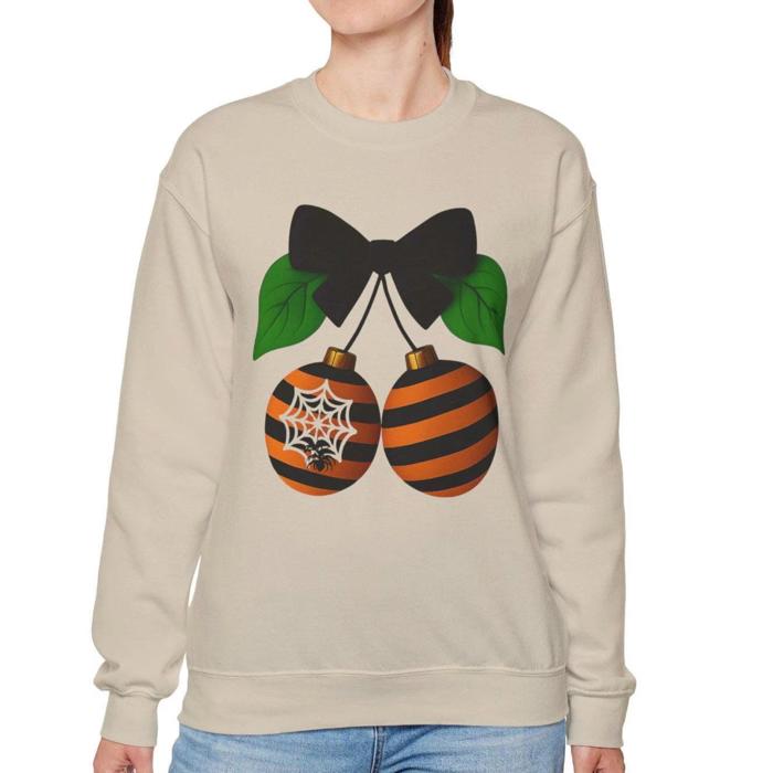 Coquette Halloween Cherries Sweatshirt, Spooky Cute Bow Spiderweb Design