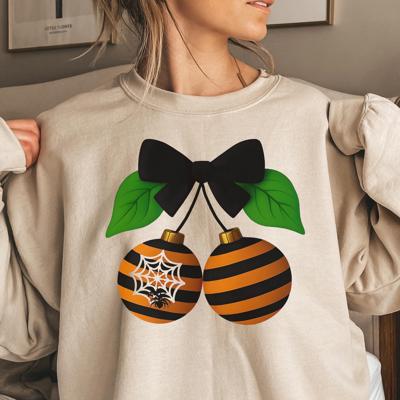 Coquette Halloween Cherries Sweatshirt, Spooky Cute Bow Spiderweb Design