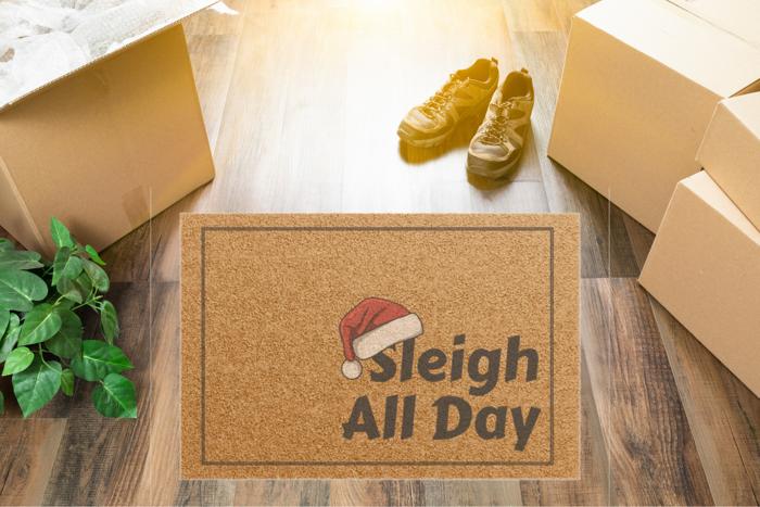Santa Hat Funny Doormat, Outdoor Welcome Mat Sleigh All Day Design