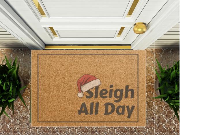 Santa Hat Funny Doormat, Outdoor Welcome Mat Sleigh All Day Design