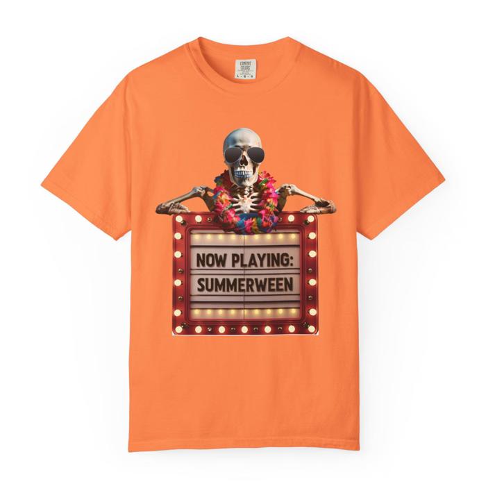 Summerween Skeleton Marquee Comfort Colors T-Shirt, Funny Halloween-in-July Shirt Gift