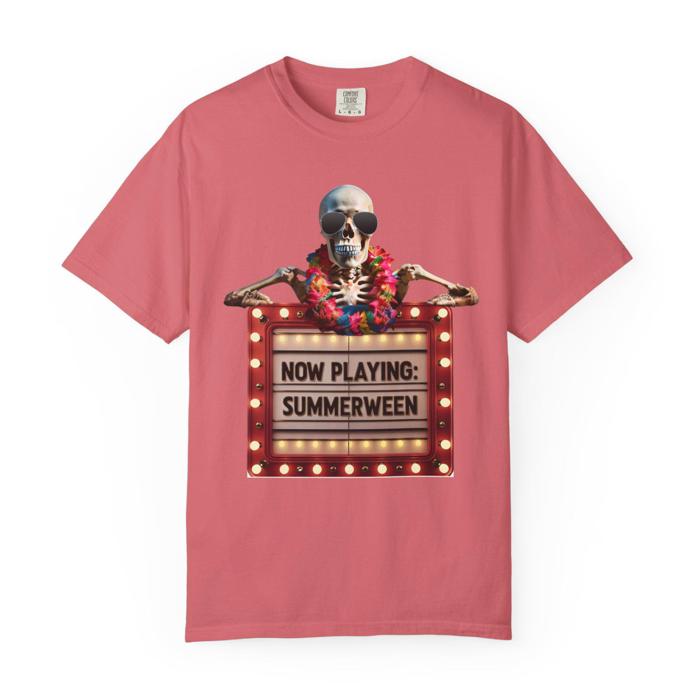 Summerween Skeleton Marquee Comfort Colors T-Shirt, Funny Halloween-in-July Shirt Gift