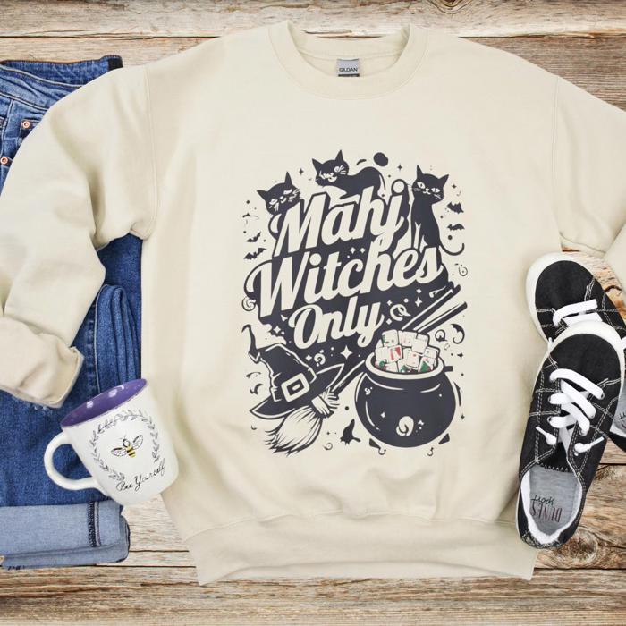Mahjongg Witches Halloween Sweatshirt, Black Cats & Bats Mahjong Sweater, Funny Gift for Mah Jongg Game Players