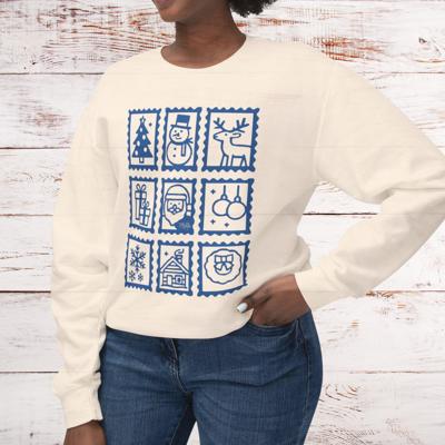 Blue Christmas Postage Stamps Sweatshirt, Vintage Style Lightweight Crewneck Comfort Colors Winter Pullover