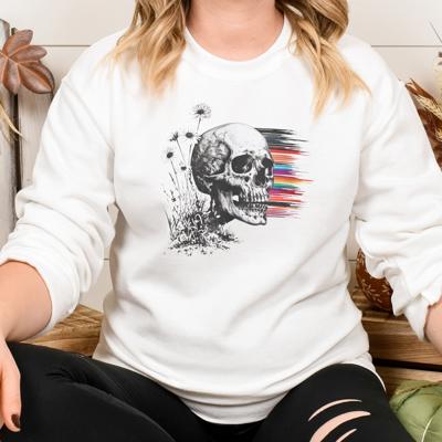 Artistic Flower Skull Sketch Sweatshirt, Cottagecore meets Cyberpunk