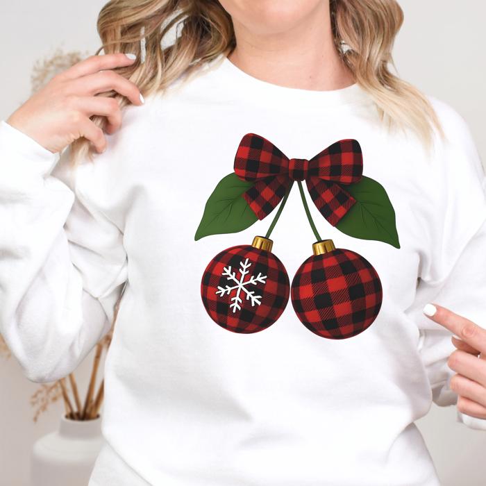 Coquette Christmas Cherries Sweatshirt, Winter Cute Bow Buffalo Plaid Design