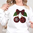  Coquette Christmas Cherries Sweatshirt, Winter Cute Bow Buffalo Plaid Design