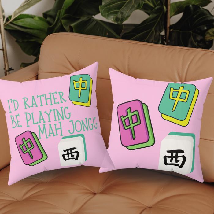 Rather Be Playing Mahjong Faux Suede Double Sided Throw Pillow, Mahj Tile Game Lovers Home Decor Gift