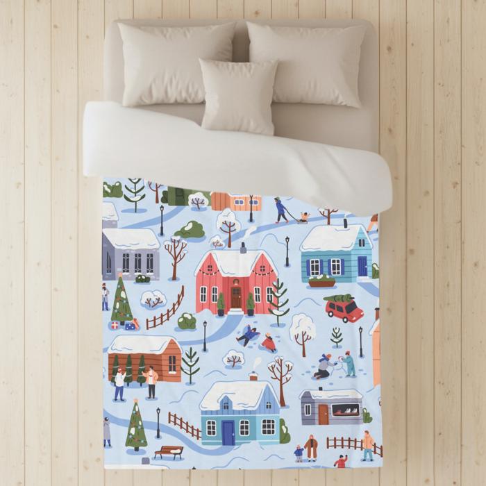 Snowy Village Mink Plush Blanket, Christmas or Hanukkah Gift, Super Soft Throw