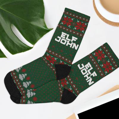 Custom Elf Name Ugly Christmas Sweater Socks,  Funny Stocking Stuffer or Secret Santa Gift
