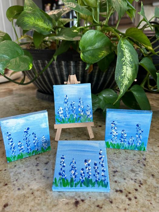 Bluebonnet Mini Canvas and Wooden Easel, Hand Painted Texas flower art