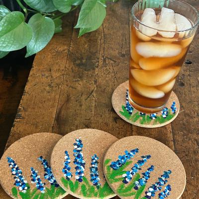Hand Painted Coasters Set of 4, Personalized Texas Bluebonnets Design