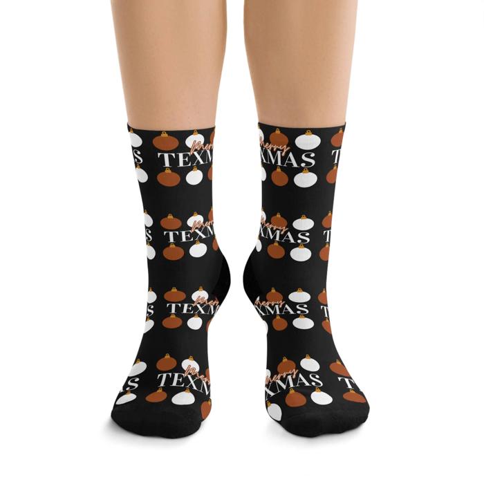 Longhorns Merry Texmas Socks, Super Soft UT Socks, Longhorn Fan Gift, Burnt Orange and White Socks