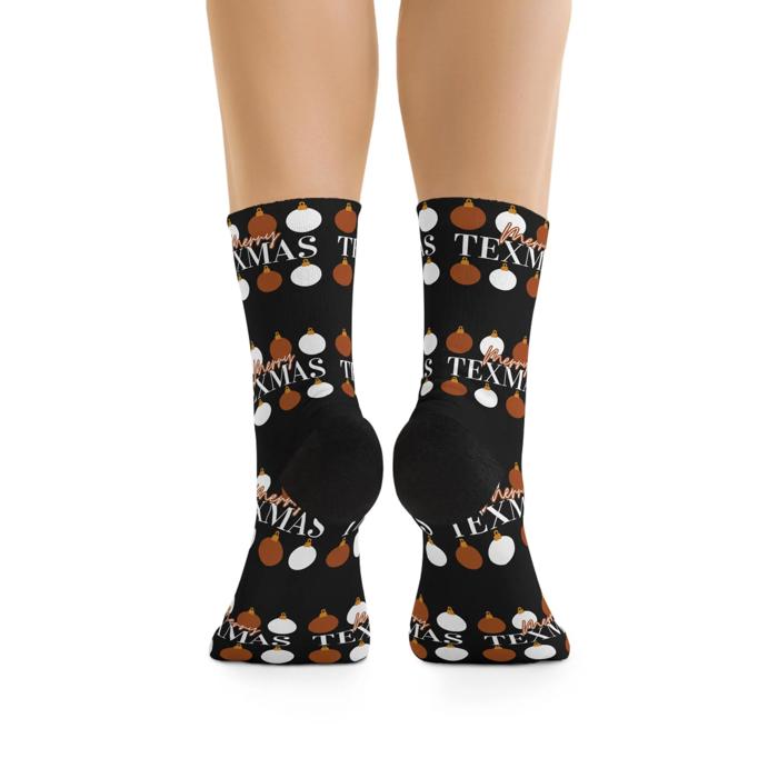 Longhorns Merry Texmas Socks, Super Soft UT Socks, Longhorn Fan Gift, Burnt Orange and White Socks