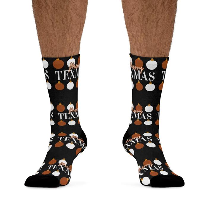 Longhorns Merry Texmas Socks, Super Soft UT Socks, Longhorn Fan Gift, Burnt Orange and White Socks