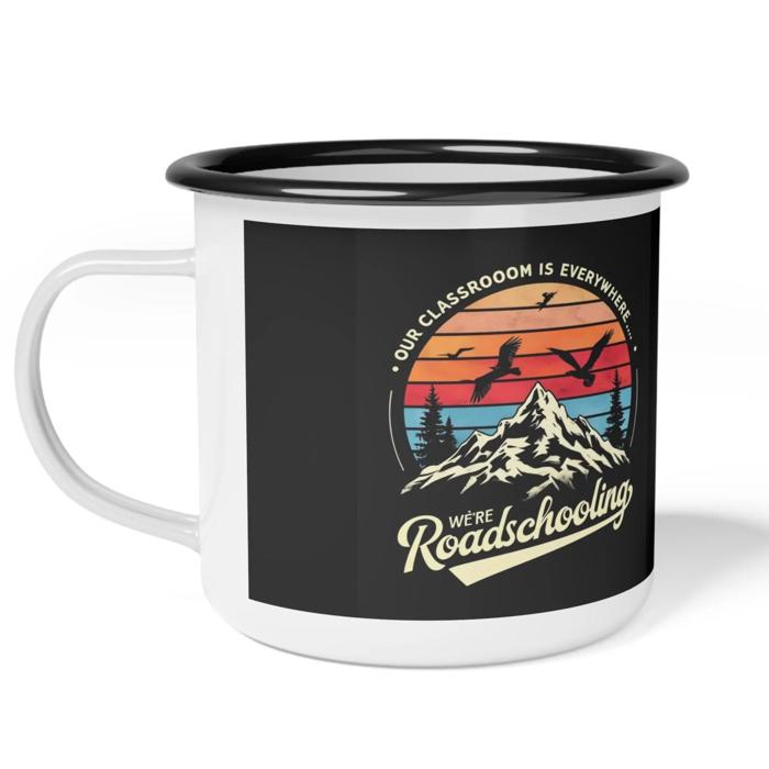 Roadschooling Enameled Camp Mug, Homeschool Travel Mug