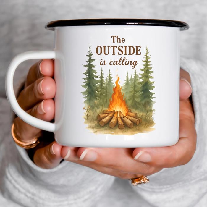 Campfire Forestcore Enamel Mug, Outdoor Lovers Unbreakable Coffee Cup