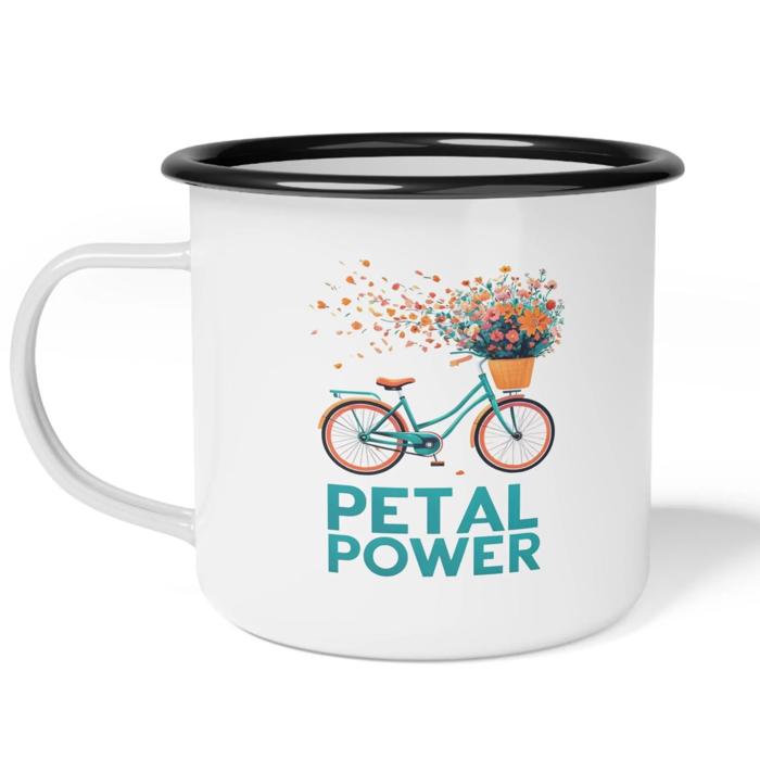 Enamel Camp Mug Floral Bike Design, Petal Power  Mug with Black Rim