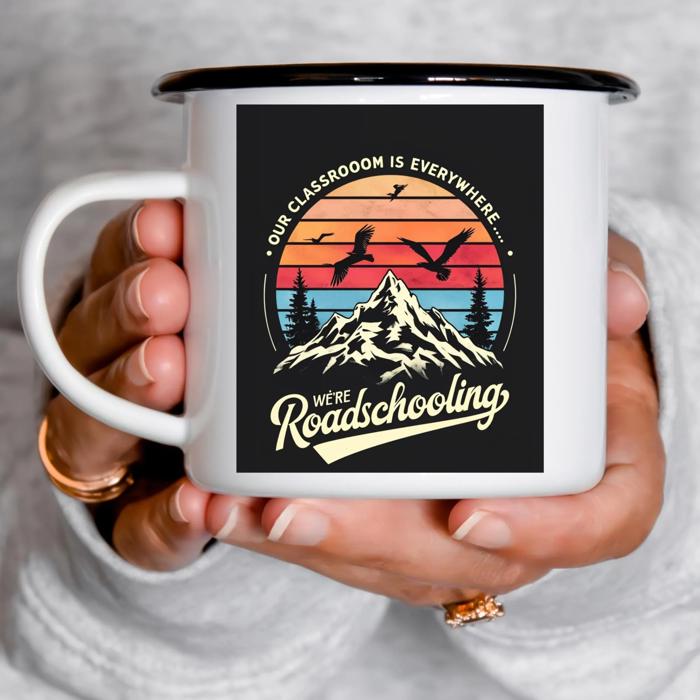 Roadschooling Enameled Camp Mug, Homeschool Travel Mug