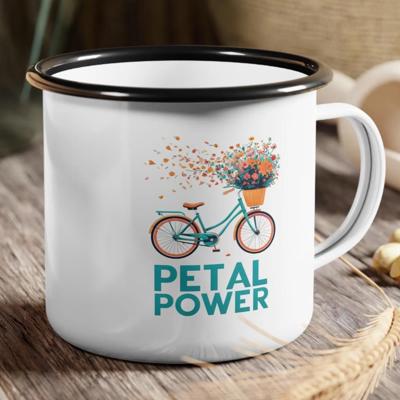 Enamel Camp Mug Floral Bike Design, Petal Power  Mug with Black Rim