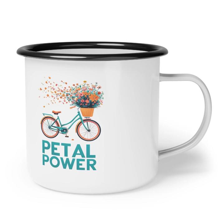 Enamel Camp Mug Floral Bike Design, Petal Power  Mug with Black Rim