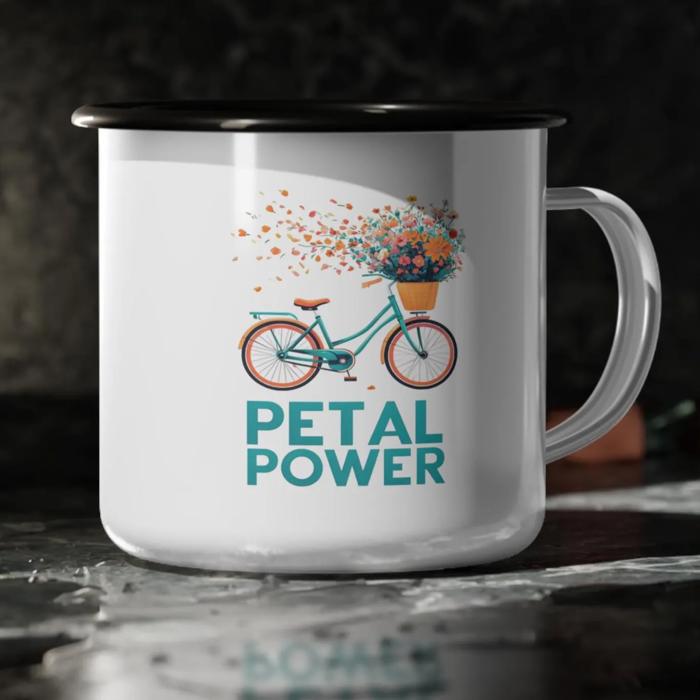 Enamel Camp Mug Floral Bike Design, Petal Power  Mug with Black Rim