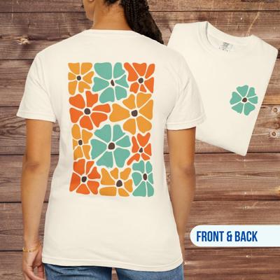 Retro Flower Block Comfort Colors Tee, Abstract Floral Front and Back