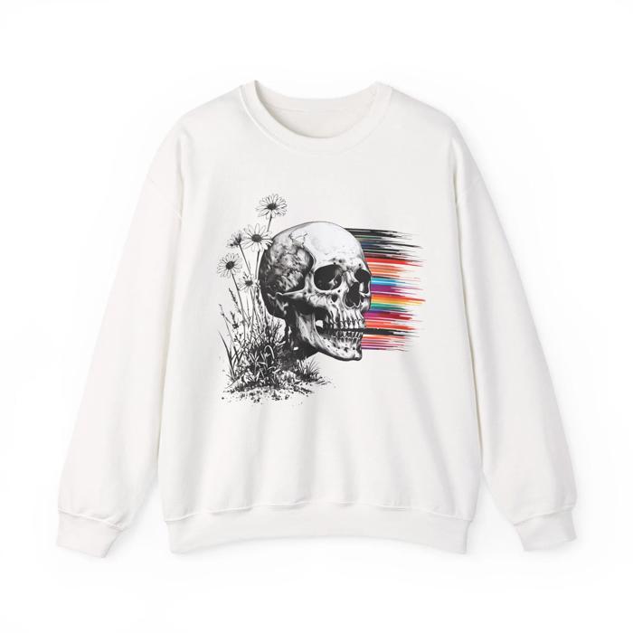 Artistic Flower Skull Sketch Sweatshirt, Cottagecore meets Cyberpunk