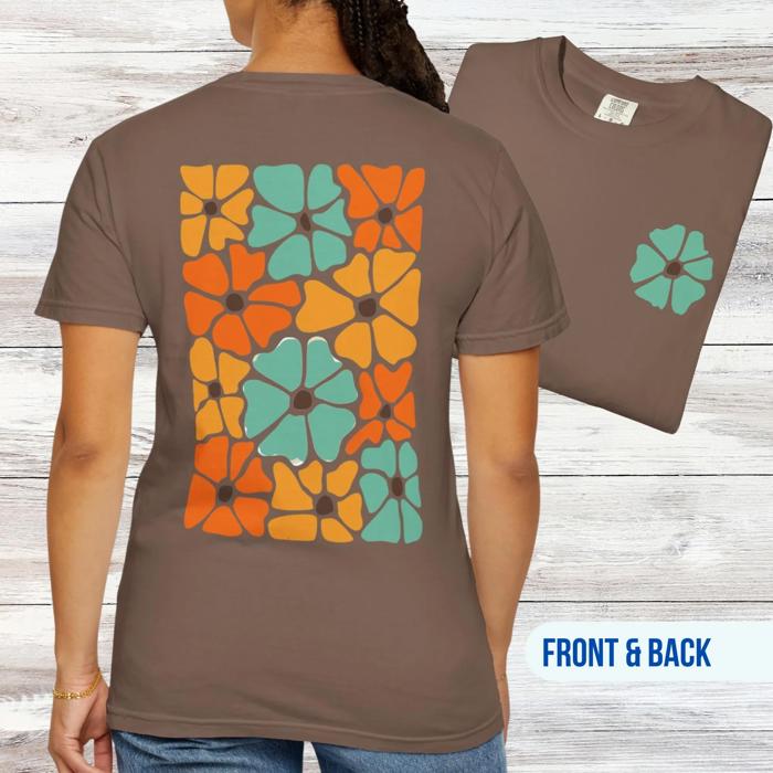 Retro Flower Block Comfort Colors Tee, Abstract Floral Front and Back