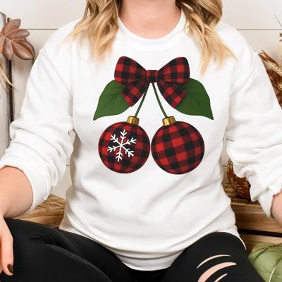 Coquette Christmas Cherries Sweatshirt, Winter Cute Bow Buffalo Plaid Design