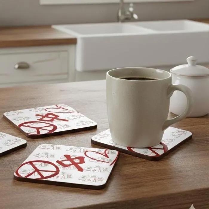 Peace Mahjong Love Hardboard Coasters with Cork Bottom (Set of 4), Tile Game Players Gift