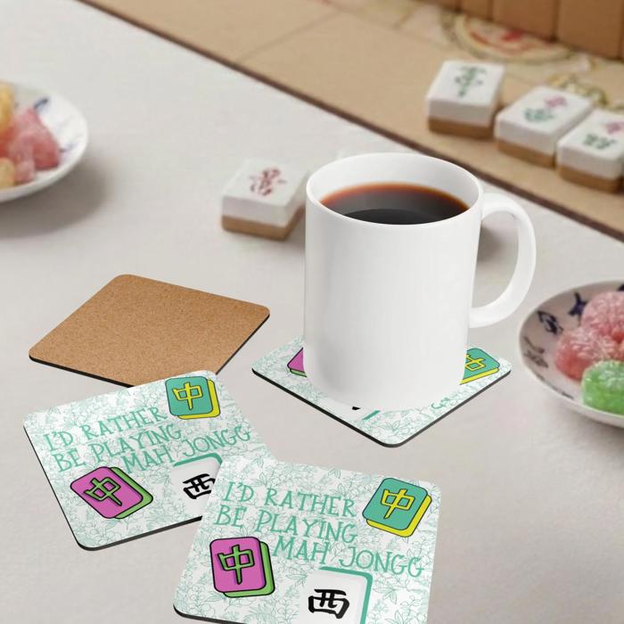 Peace Mahjong Love Hardboard Coasters with Cork Bottom (Set of 4), Tile Game Players Gift