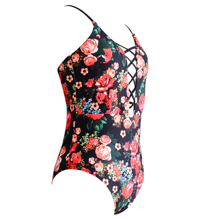 DEEP V PLUNGE LACE UP FLORAL CUTOUT SWIMSUIT