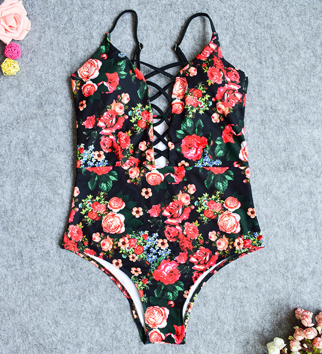 DEEP V PLUNGE LACE UP FLORAL CUTOUT SWIMSUIT