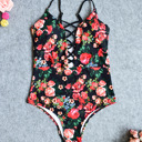  DEEP V PLUNGE LACE UP FLORAL CUTOUT SWIMSUIT