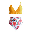 Yellow Small Floral High Waisted Women RUFFLE BIKINI Set Swimsuit