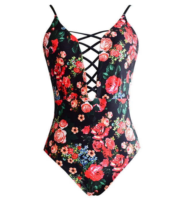 DEEP V PLUNGE LACE UP FLORAL CUTOUT SWIMSUIT