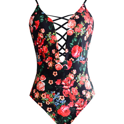 DEEP V PLUNGE LACE UP FLORAL CUTOUT SWIMSUIT