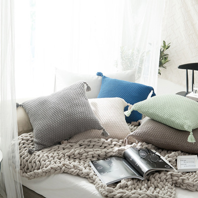 Knitted Cotton Pillow Covers with Tassels – 18" x 18" – Decorative Cushion Cover (No Insert)