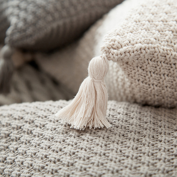 Knitted Cotton Pillow Covers with Tassels – 18" x 18" – Decorative Cushion Cover (No Insert)
