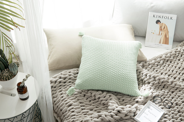 Knitted Cotton Pillow Covers with Tassels – 18" x 18" – Decorative Cushion Cover (No Insert)