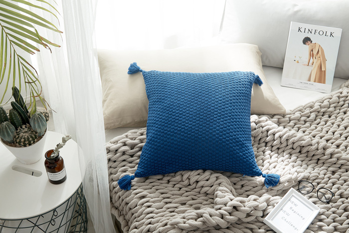 Knitted Cotton Pillow Covers with Tassels – 18" x 18" – Decorative Cushion Cover (No Insert)