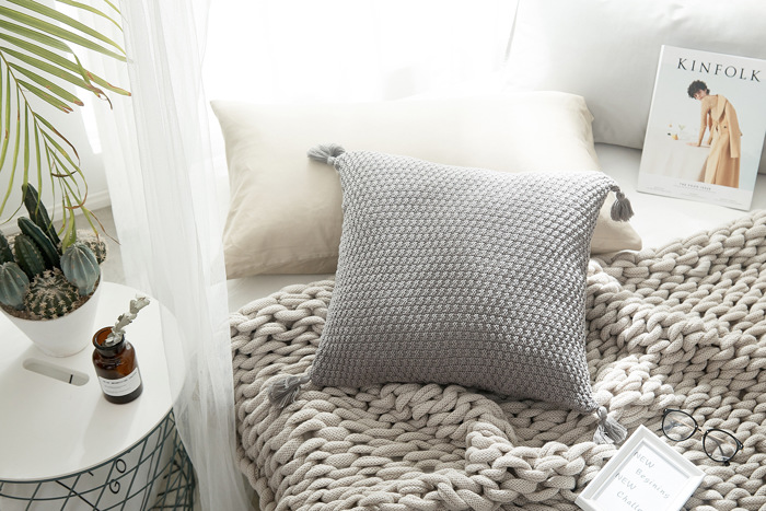 Knitted Cotton Pillow Covers with Tassels – 18" x 18" – Decorative Cushion Cover (No Insert)