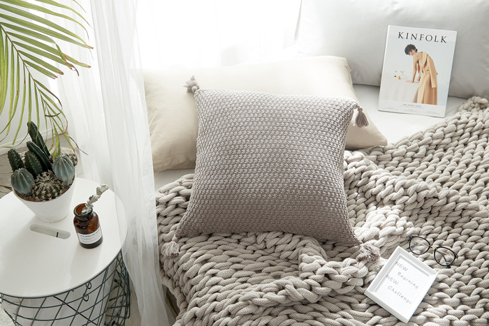 Knitted Cotton Pillow Covers with Tassels – 18" x 18" – Decorative Cushion Cover (No Insert)